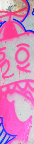 I captured this image of some lively graffiti that lives under a bridge on the way to school. It is bright pink and features a guy's comical face in the midst of uttering a terrified yell.